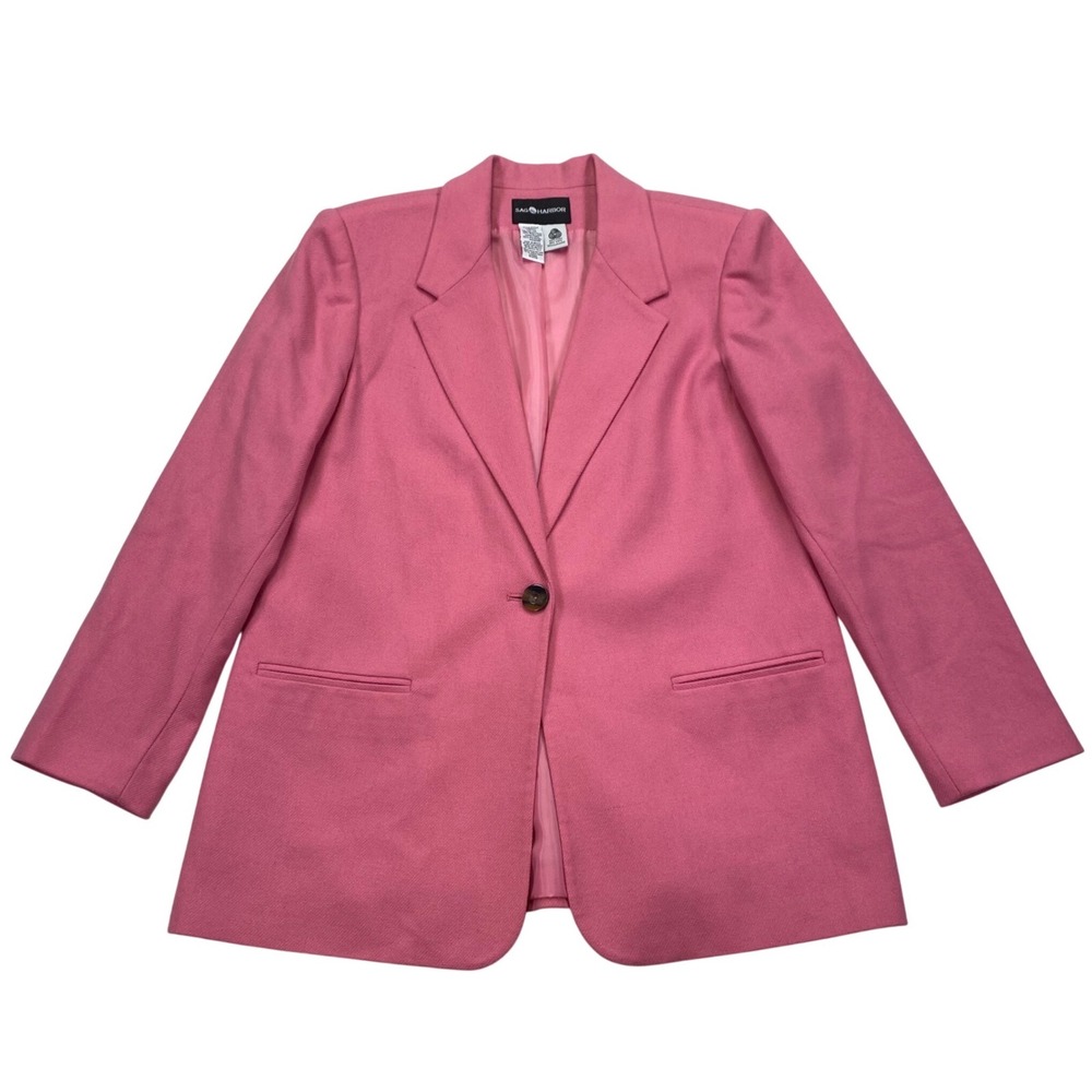 Vintage Sag Harbor Blazer Womens 14 Pink 100% Wool Single Button Lined F43000G